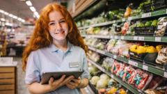 Дівчина в уніформі супермаркету тримає планшет біля продуктового проходу